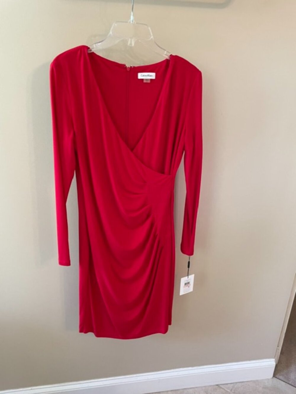 Women's Calvin Klein Asymmetrical Red Dress with long sleeves